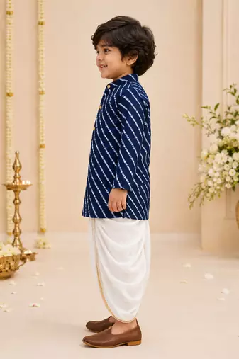 Boy's navy blue rayon striped thigh length kurta and dhoti set