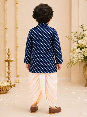 Boy's navy blue rayon striped thigh length kurta and dhoti set 5