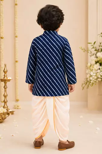 Boy's navy blue rayon striped thigh length kurta and dhoti set