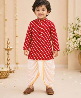 Boy's red rayon striped thigh length kurta and dhoti set 1