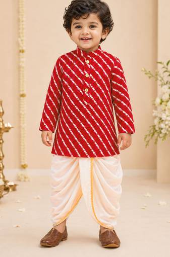 Boy's red rayon striped thigh length kurta and dhoti set