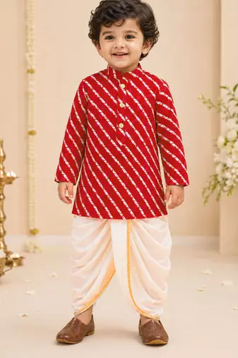 Boy's red rayon striped thigh length kurta and dhoti set