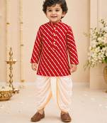 Boy's red rayon striped thigh length kurta and dhoti set