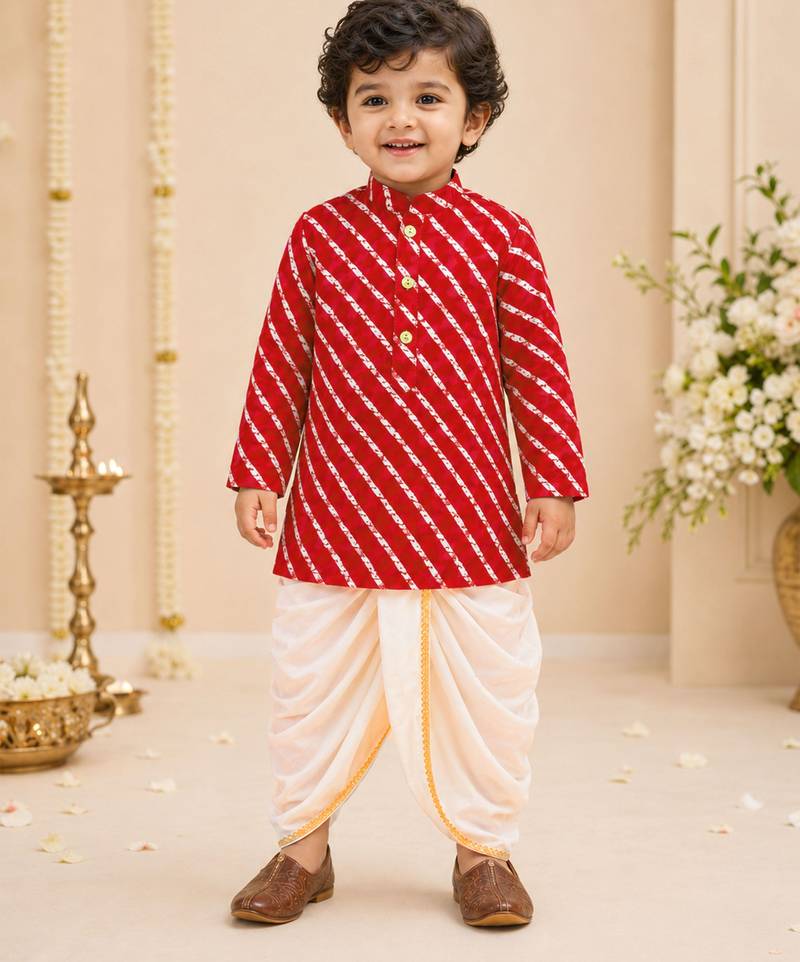 Boy's red rayon striped thigh length kurta and dhoti set