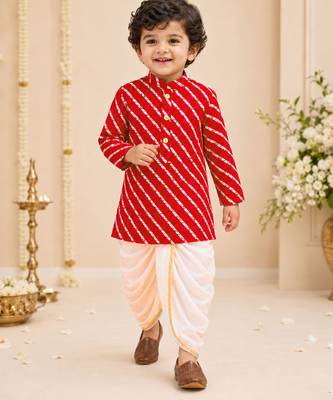 Boy's red rayon striped thigh length kurta and dhoti set 2