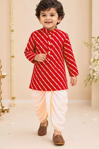 Boy's red rayon striped thigh length kurta and dhoti set