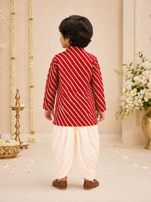 Boy's red rayon striped thigh length kurta and dhoti set 3