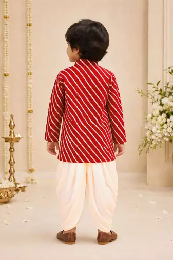 Boy's red rayon striped thigh length kurta and dhoti set