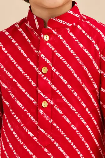 Boy's red rayon striped thigh length kurta and dhoti set