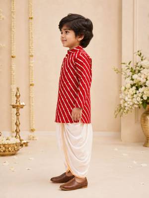 Boy's red rayon striped thigh length kurta and dhoti set 5