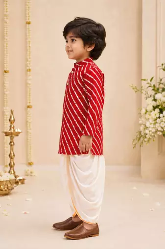 Boy's red rayon striped thigh length kurta and dhoti set