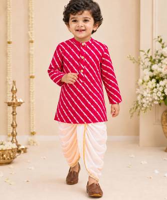 Boy's pink rayon striped thigh length kurta and dhoti set 1