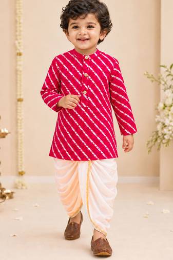 Boy's pink rayon striped thigh length kurta and dhoti set