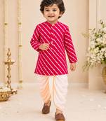 Boy's pink rayon striped thigh length kurta and dhoti set