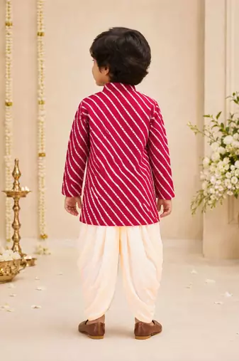 Boy's pink rayon striped thigh length kurta and dhoti set