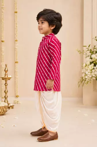 Boy's pink rayon striped thigh length kurta and dhoti set
