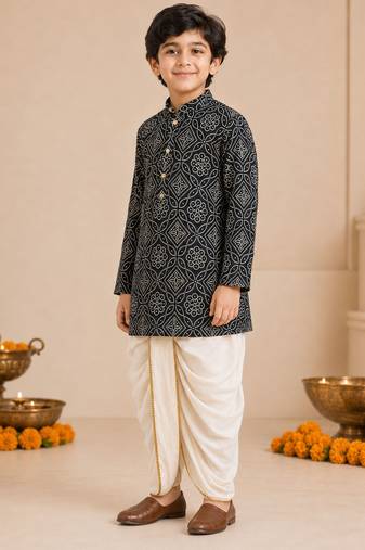 Boy's blue rayon bandhni thigh length kurta and dhoti set