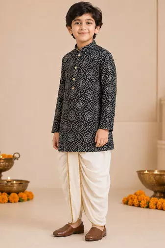 Boy's blue rayon bandhni thigh length kurta and dhoti set