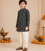 Boy's blue rayon bandhni thigh length kurta and dhoti set