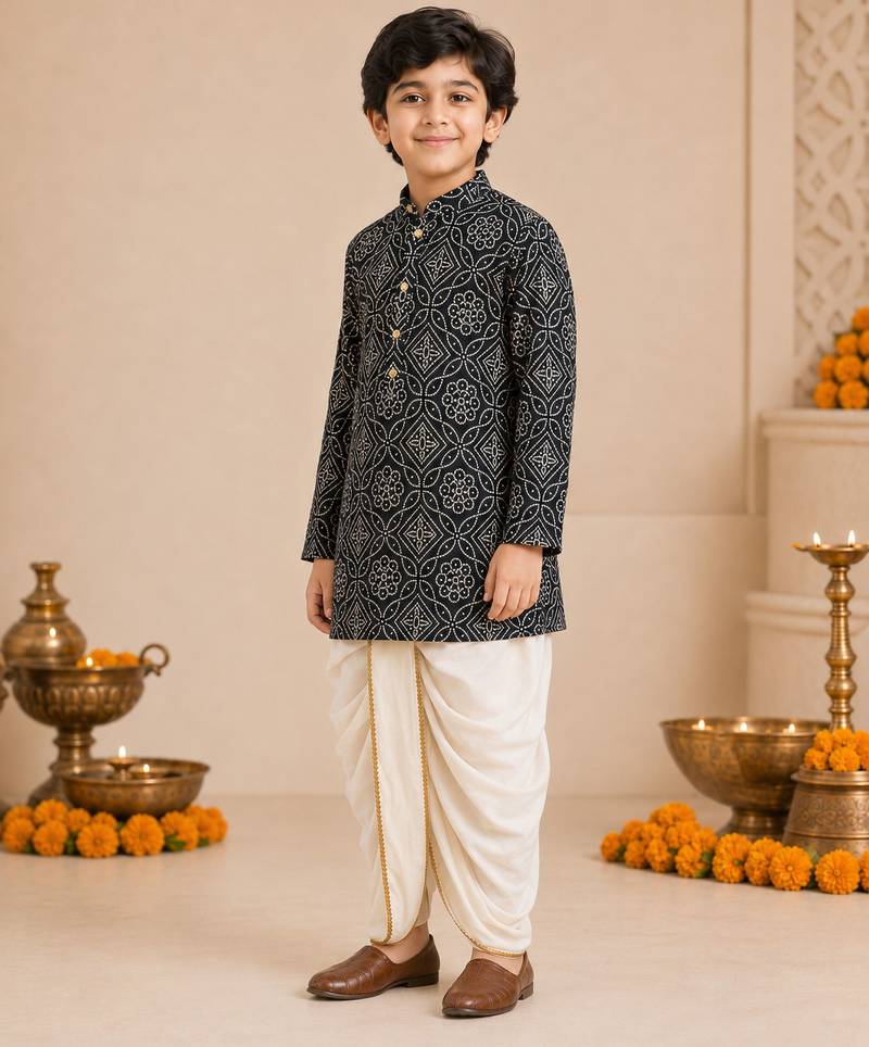 Boy's blue rayon bandhni thigh length kurta and dhoti set