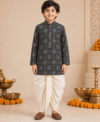 Boy's blue rayon bandhni thigh length kurta and dhoti set 3