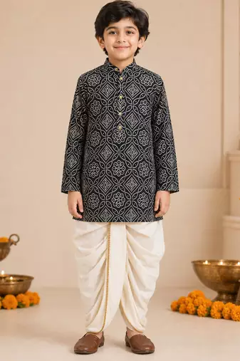 Boy's blue rayon bandhni thigh length kurta and dhoti set