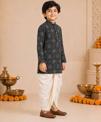 Boy's blue rayon bandhni thigh length kurta and dhoti set 4