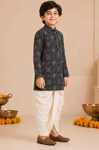 Boy's blue rayon bandhni thigh length kurta and dhoti set