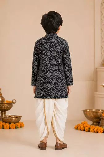 Boy's blue rayon bandhni thigh length kurta and dhoti set