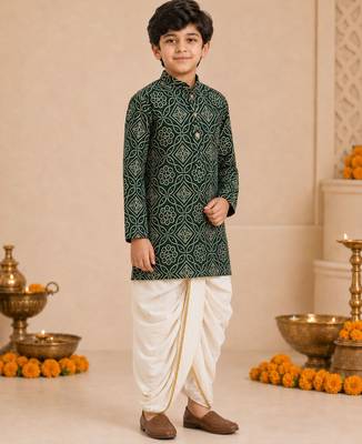Boy's dark green rayon bandhni thigh length kurta and dhoti set 1