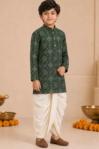 Boy's dark green rayon bandhni thigh length kurta and dhoti set