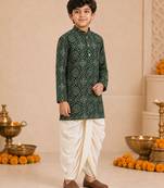 Boy's dark green rayon bandhni thigh length kurta and dhoti set