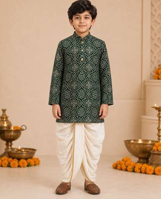 Boy's dark green rayon bandhni thigh length kurta and dhoti set 3