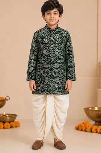 Boy's dark green rayon bandhni thigh length kurta and dhoti set