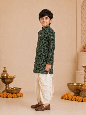 Boy's dark green rayon bandhni thigh length kurta and dhoti set 4