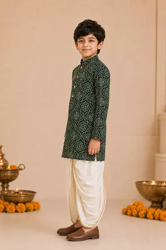 Boy's dark green rayon bandhni thigh length kurta and dhoti set