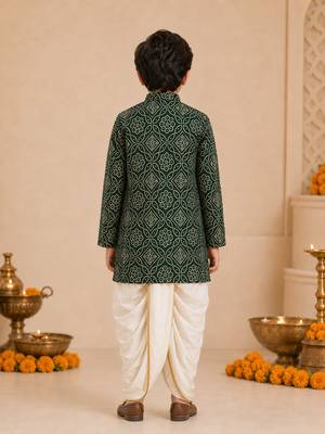 Boy's dark green rayon bandhni thigh length kurta and dhoti set 5