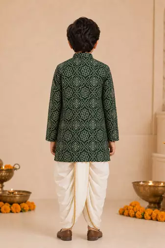 Boy's dark green rayon bandhni thigh length kurta and dhoti set