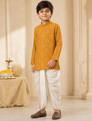 Boy's mustard rayon bandhni thigh length kurta and dhoti set 1