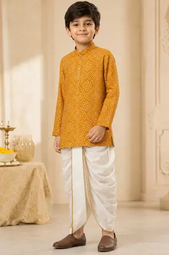 Boy's mustard rayon bandhni thigh length kurta and dhoti set