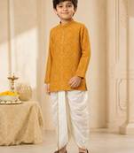 Boy's mustard rayon bandhni thigh length kurta and dhoti set