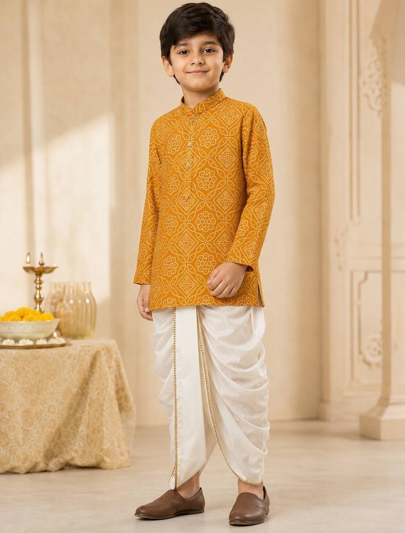 Boy's mustard rayon bandhni thigh length kurta and dhoti set