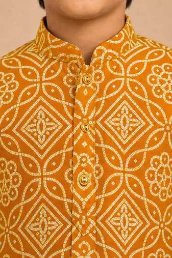 Boy's mustard rayon bandhni thigh length kurta and dhoti set