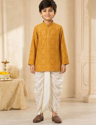 Boy's mustard rayon bandhni thigh length kurta and dhoti set 3