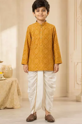 Boy's mustard rayon bandhni thigh length kurta and dhoti set