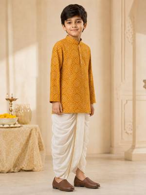 Boy's mustard rayon bandhni thigh length kurta and dhoti set 4