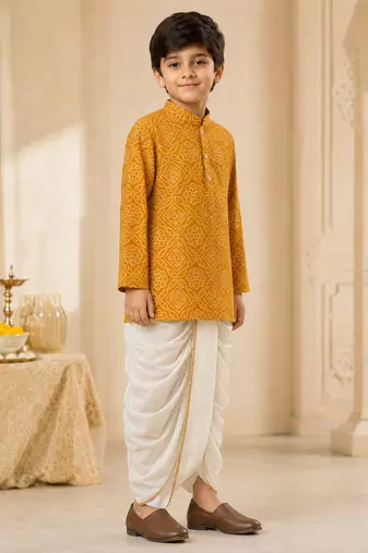 Boy's mustard rayon bandhni thigh length kurta and dhoti set