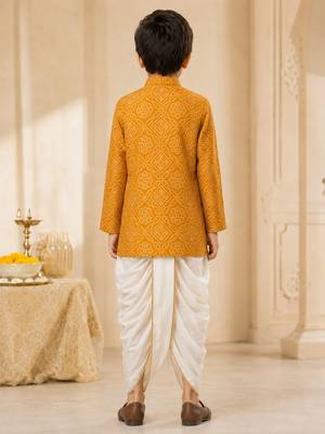 Boy's mustard rayon bandhni thigh length kurta and dhoti set 5