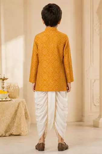 Boy's mustard rayon bandhni thigh length kurta and dhoti set