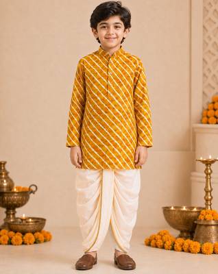 Boy's mustard rayon striped thigh length kurta and dhoti set 1